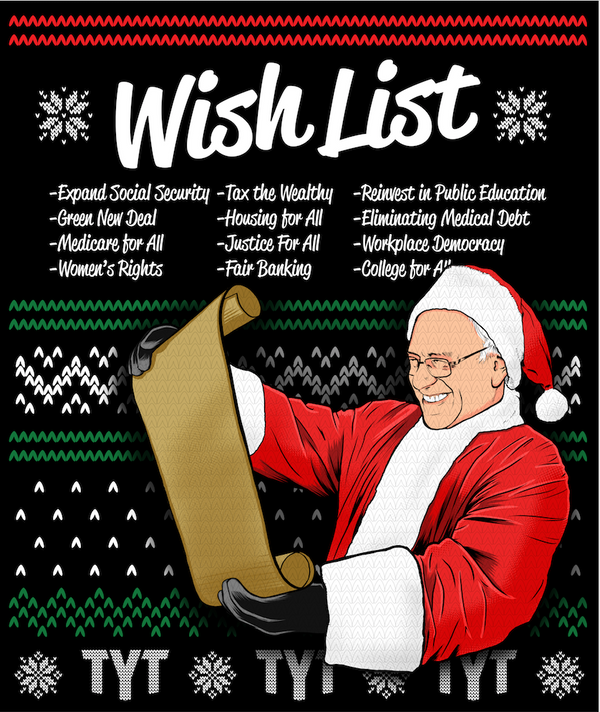 Suéter navideño con la lista de deseos de Bernie